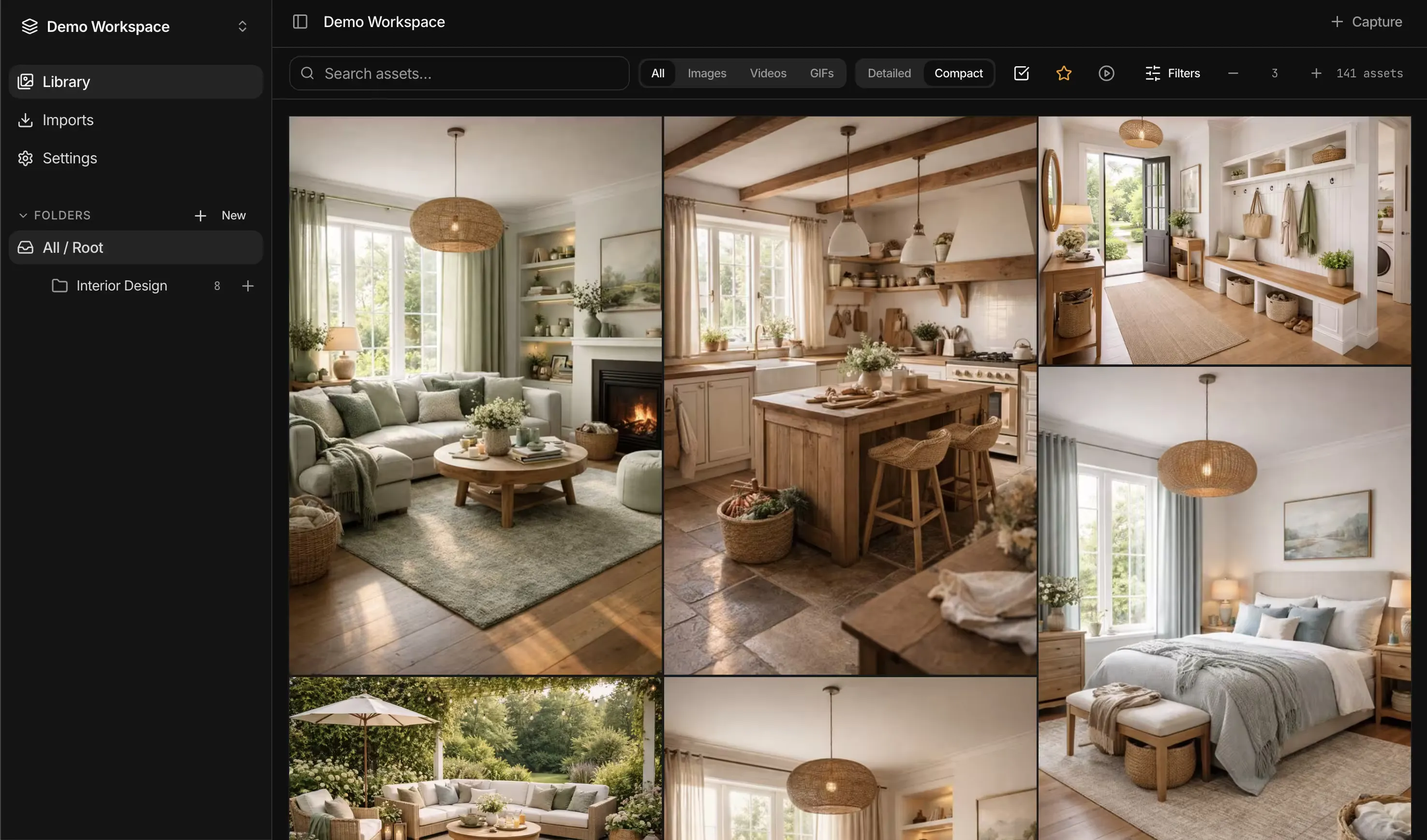 PicStack library: a dense grid of saved visual references with search